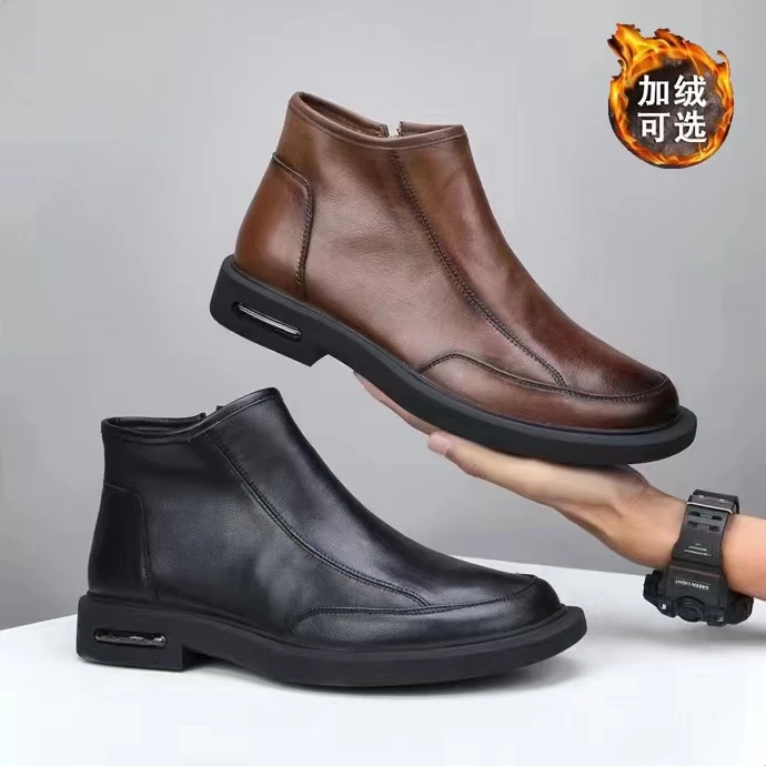 头层牛皮秋冬季休闲高帮男士切尔西短靴百搭加绒保暖真皮商务皮鞋