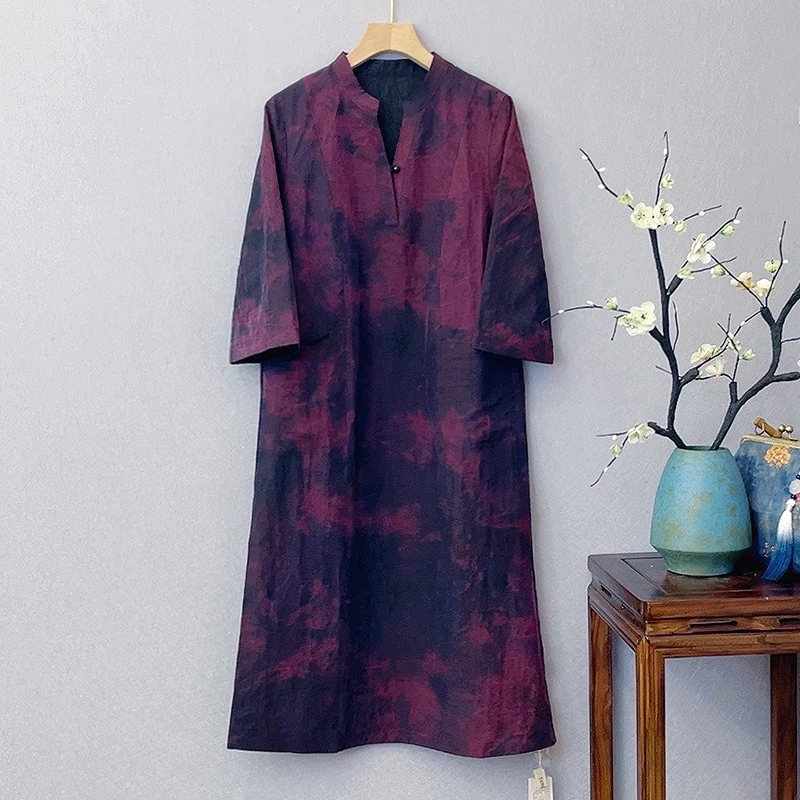 8260气质中式文艺纯色针织夏季时尚连衣裙长裙复古女装连衣裙国风