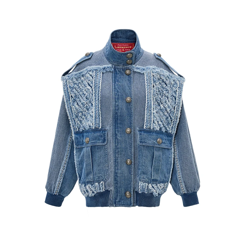 【CHICO专属】钉珠毛边牛仔夹克，蓝色D3AD10112006
