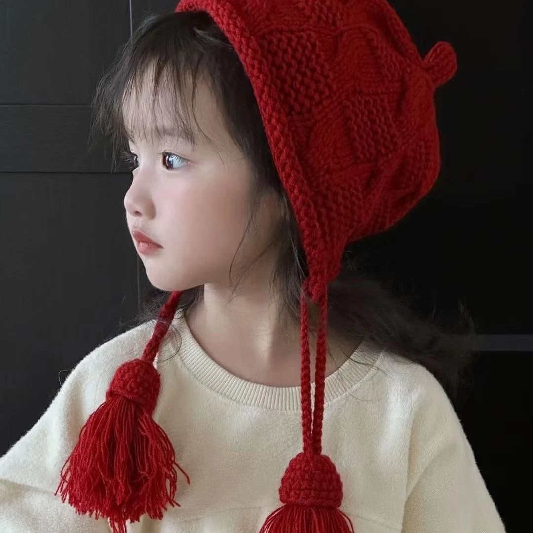 女童帽子秋冬加厚可爱流苏毛线帽儿童护耳帽冬季防风宝宝帽子韩版