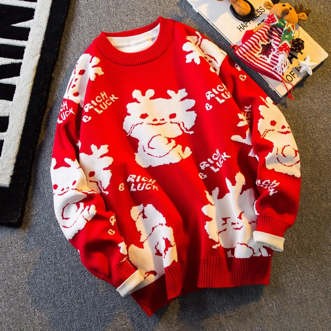 仓石一树新年大红色毛衣男秋冬设计感加厚情侣针织衫龙年线衣外套