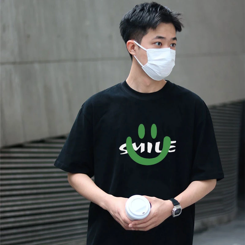 仓石一树潮牌日系黑色短袖T恤男夏季宽松重磅纯棉笑脸印花情侣ins