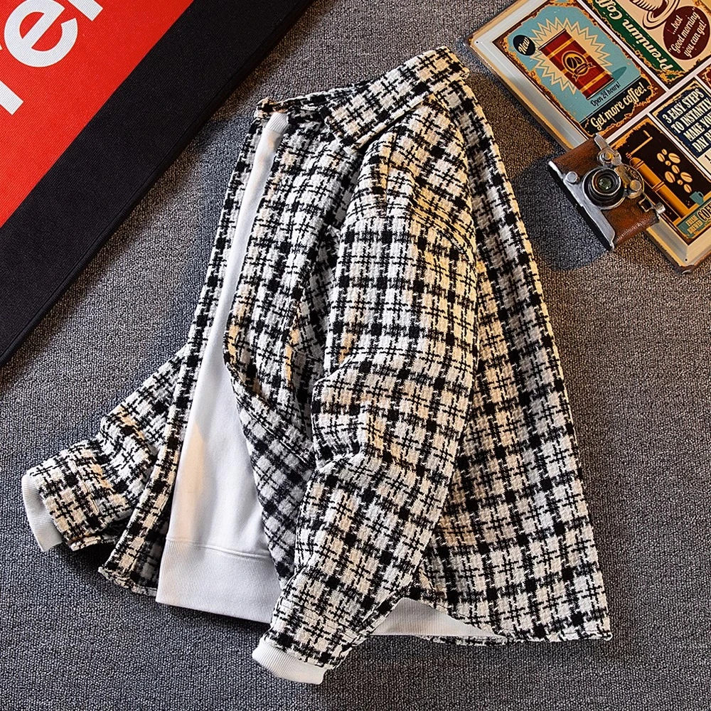 仓石一树秋季外套男潮牌编织格子翻领高级感痞帅春秋休闲衬衫上衣