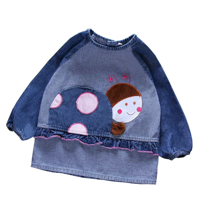 冬季水洗牛仔罩衣画画衣1-3岁儿童卡通吃饭衣加宽幼儿饭兜反穿衣