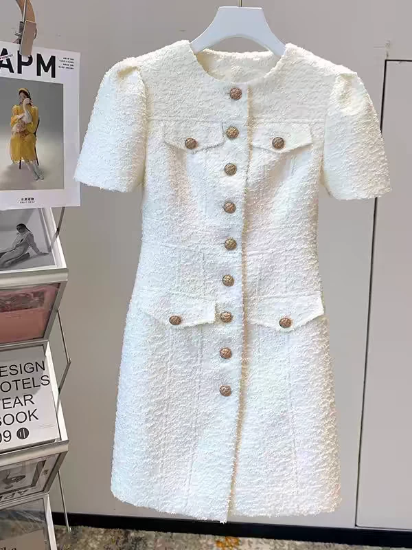 法式25春季新款连衣裙女夏季感重工钉珠名媛气质小香风白色连衣裙