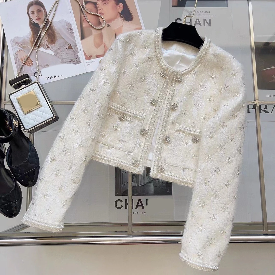 新款小香风外套女高定手工钉珠短款气质炸街上衣