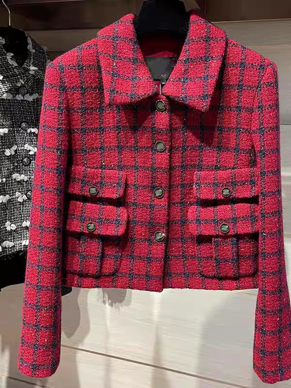 2024秋冬气质设计感复古红色格子小香风粗花呢修身翻领短外套上衣