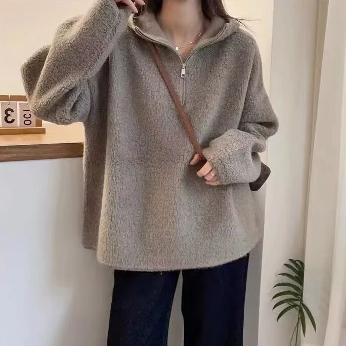 【软松糕】巴家慵懒风宽松简约百搭颗粒绒半拉链加厚连帽毛衣女外套