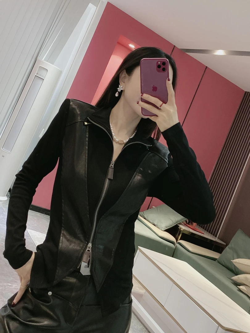 【拉链小衫】双头拉链拼皮上衣9830