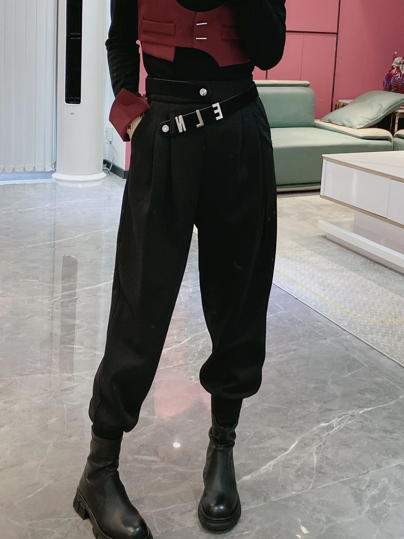 【束脚裤】加绒字母腰带帅气后松紧束脚裤23355