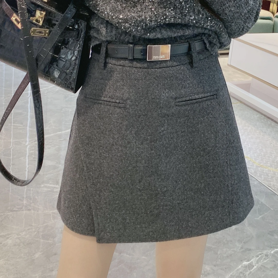 【毛呢裙裤】腰带拼接毛呢裙裤（YD26）9233