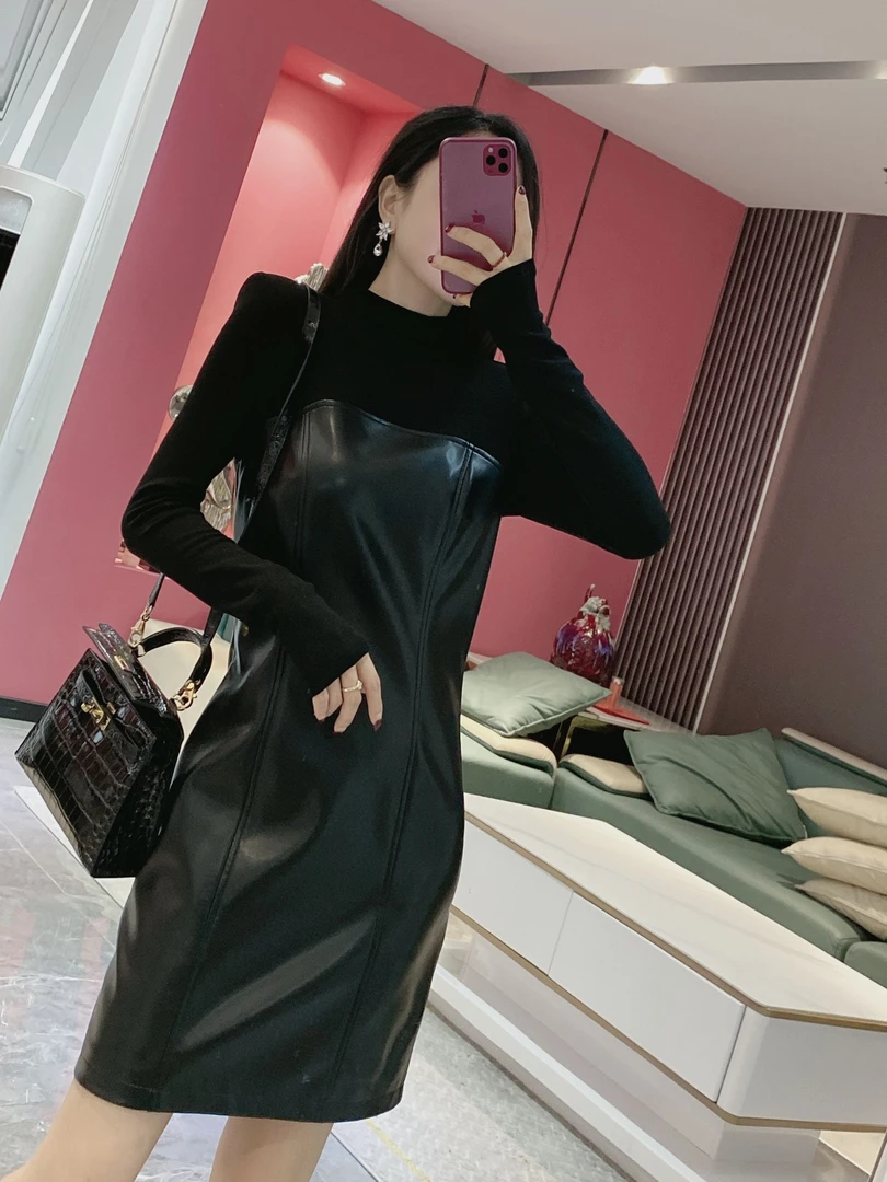 【短款皮裙】加绒短款显瘦拼皮气质轻奢连衣裙7830