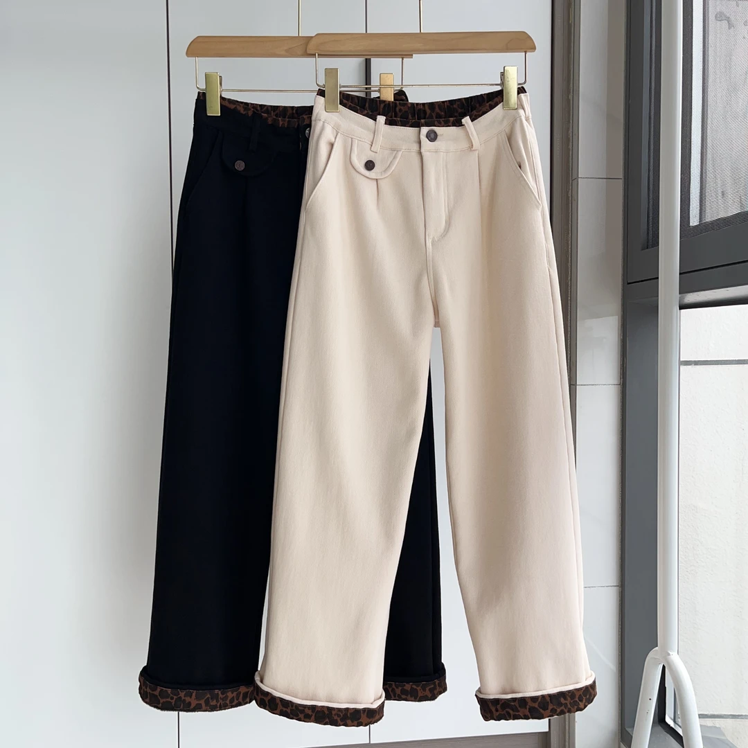 加绒加厚高腰牛仔裤女秋冬新款百搭遮肉显瘦半松紧拼接豹纹直筒裤