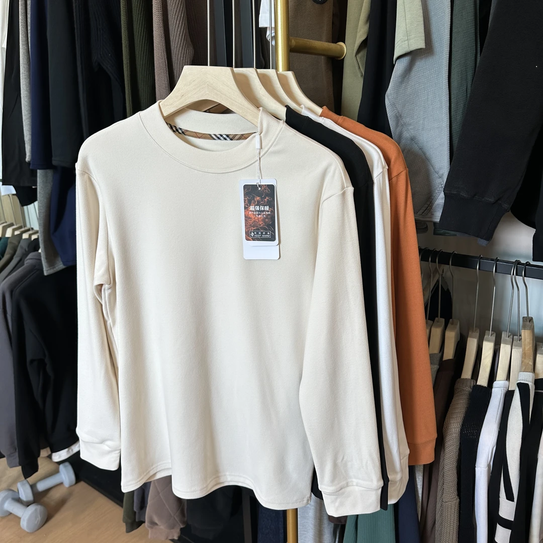 火山绒男士保暖纯色基础款半高领长袖打底衫T恤93888