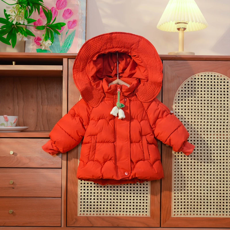 D760女童棉服新款冬装加厚外套连帽加绒保暖中长款宝宝棉衣洋气