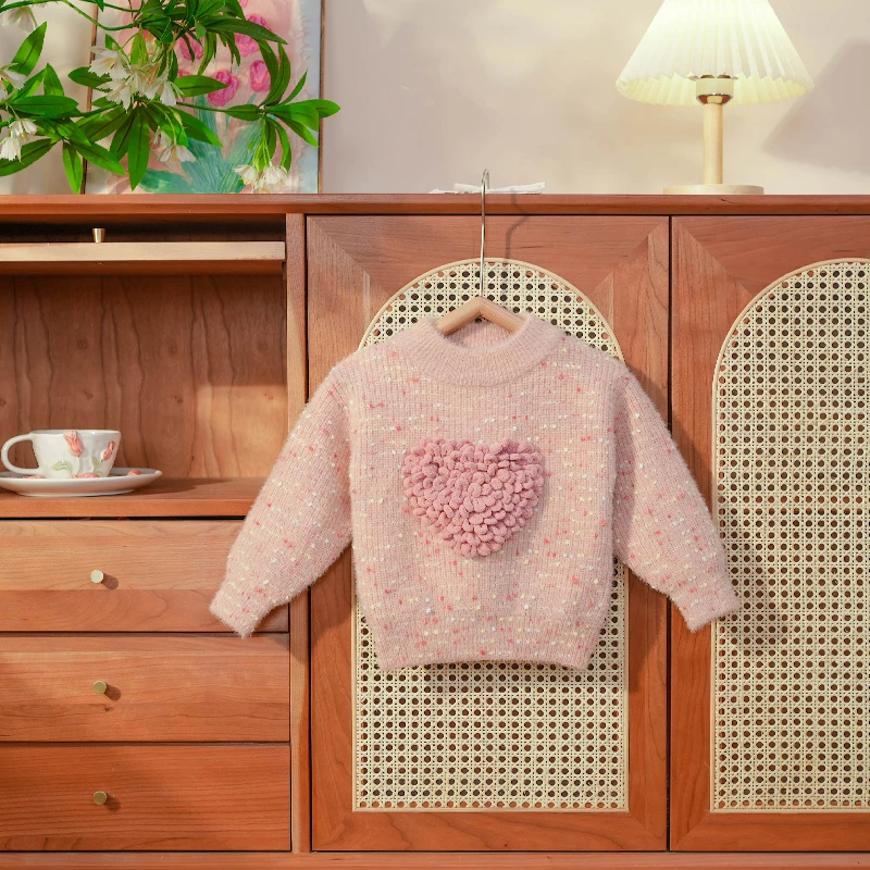 D352女童针织衫提花毛衣秋冬加绒加厚女宝宝爱心毛绒圆领韩版上衣