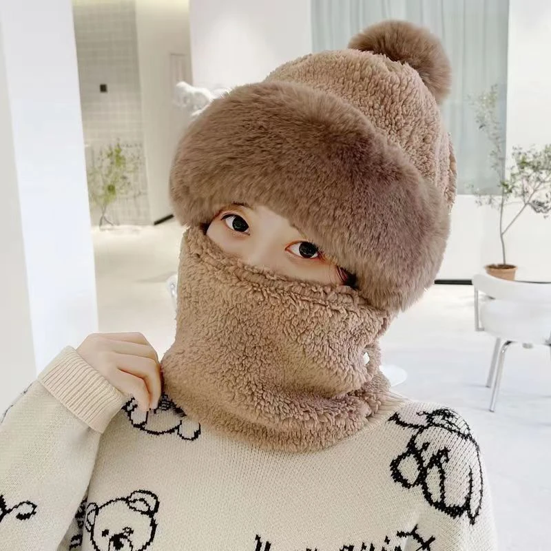 秋冬季帽子女加绒加厚户外骑行防风帽围脖口罩一体护耳保暖包头帽