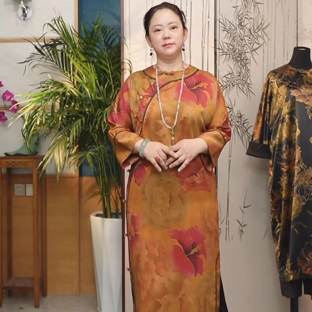 【大芦哥】桑蚕丝香云纱前喷重缎皮子国风侧开襟连衣裙袍子A31-5603