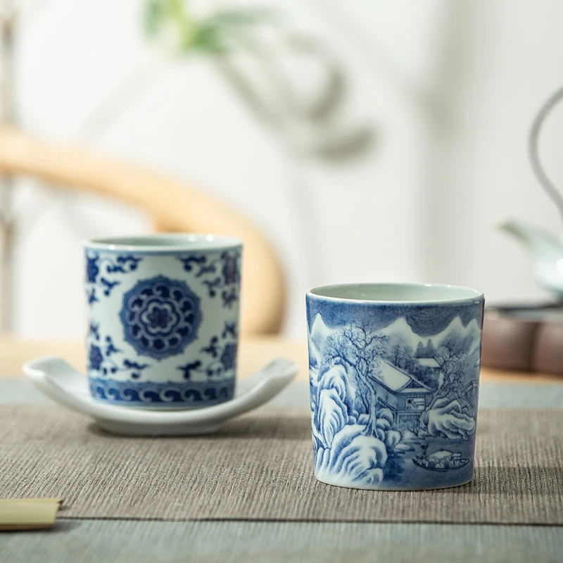 青花暖手大茶杯 雪景宝相花主人杯男士喝茶杯手绘手工复古茶具