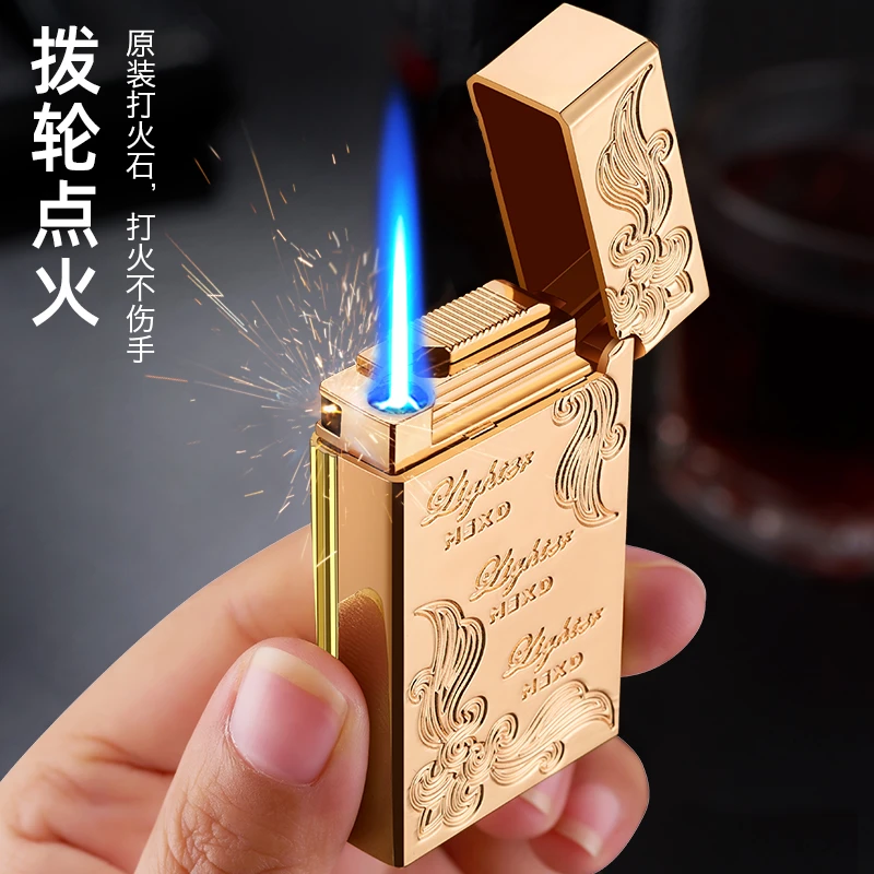 【专柜正品】高档朗声防风打火机蓝焰 复古直冲金属精工雕花