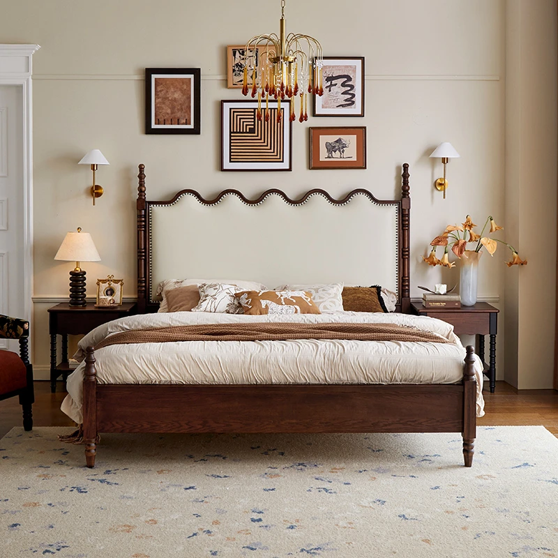 法式复古实木床1.5米中古床1.8米美式双人软靠床婚床