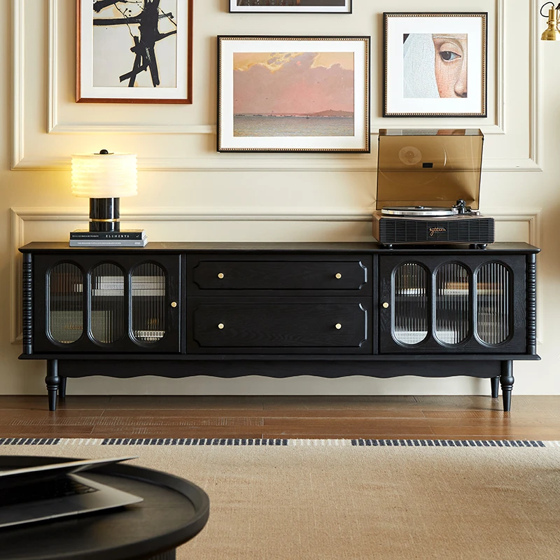 法式复古高级感黑色轻奢实木电视柜美式小户型客厅收纳储物柜一体