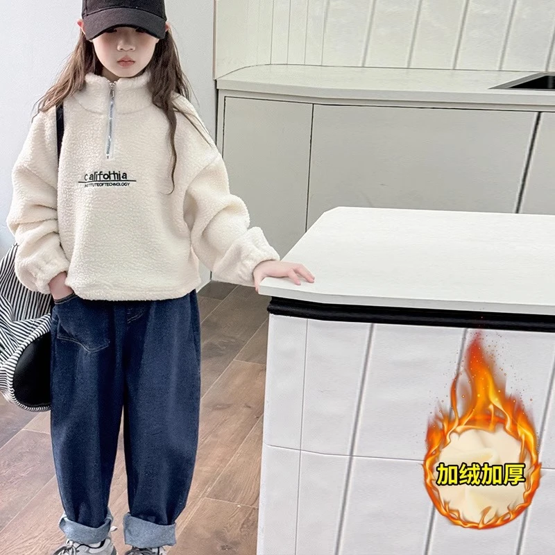 女大童秋冬装卫衣2024新款女孩洋气一体绒毛毛衣中大童加厚上衣潮