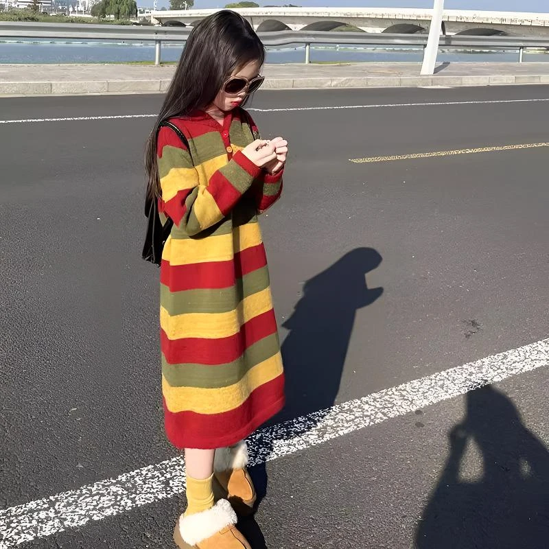 女童外穿毛衣裙2024新款大童时髦洋气秋冬装中长款连帽针织打底衫