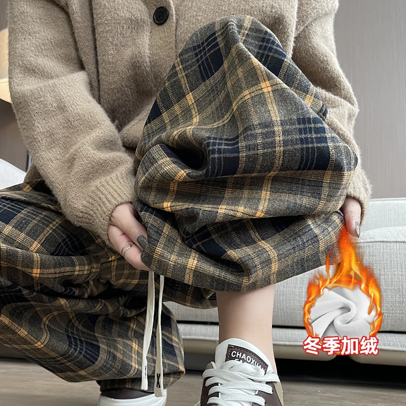 Y0109 格子裤女秋冬季高腰垂感休闲裤显瘦复古直筒阔腿裤