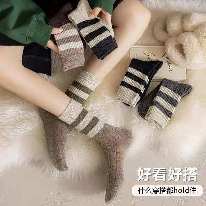 5双装袜子女中筒袜网红条纹百搭运动长袜春秋配鲨鱼裤的堆堆袜潮