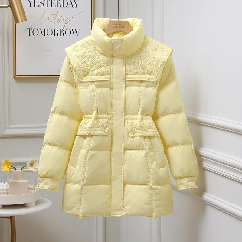 海军领中长款羽绒服女抽绳收腰立领小香风加厚白鸭绒显瘦新外套潮