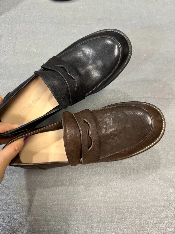 水洗胎马皮女鞋固特异底圆头乐福鞋一脚蹬秋款单鞋