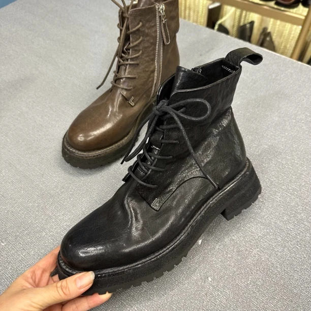 特批缩纹水洗马皮厚底马丁靴小圆头系带内侧拉链短靴