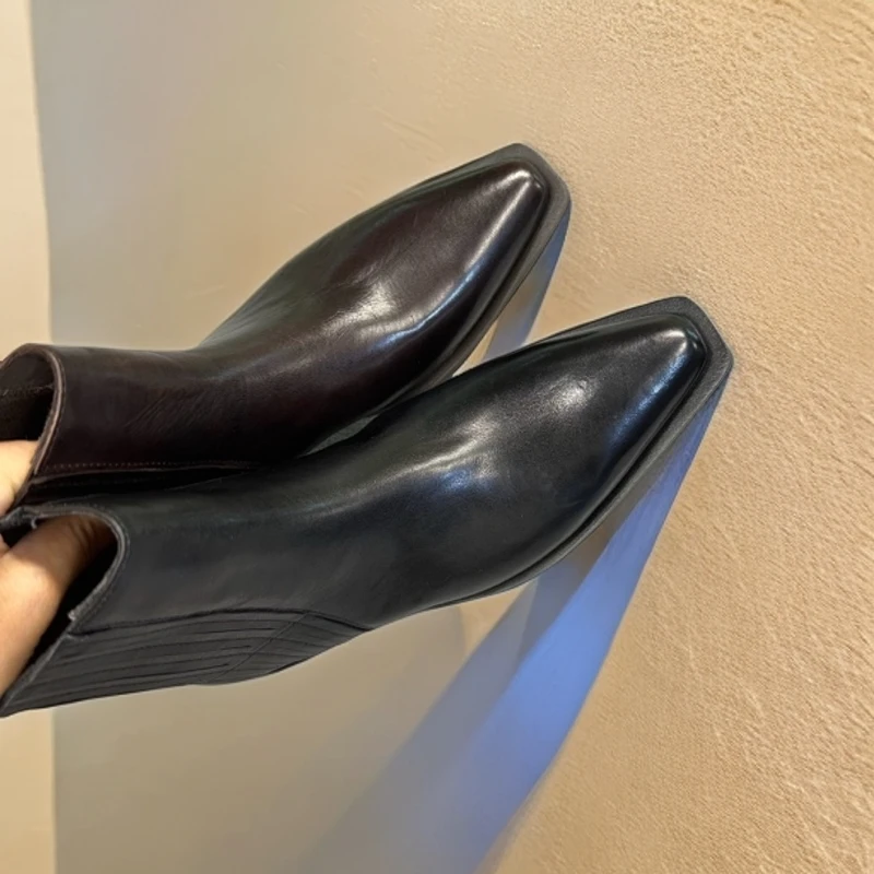 特批里外全马皮粗跟尖头西部牛仔女士短靴时尚复古真皮擦色秋冬