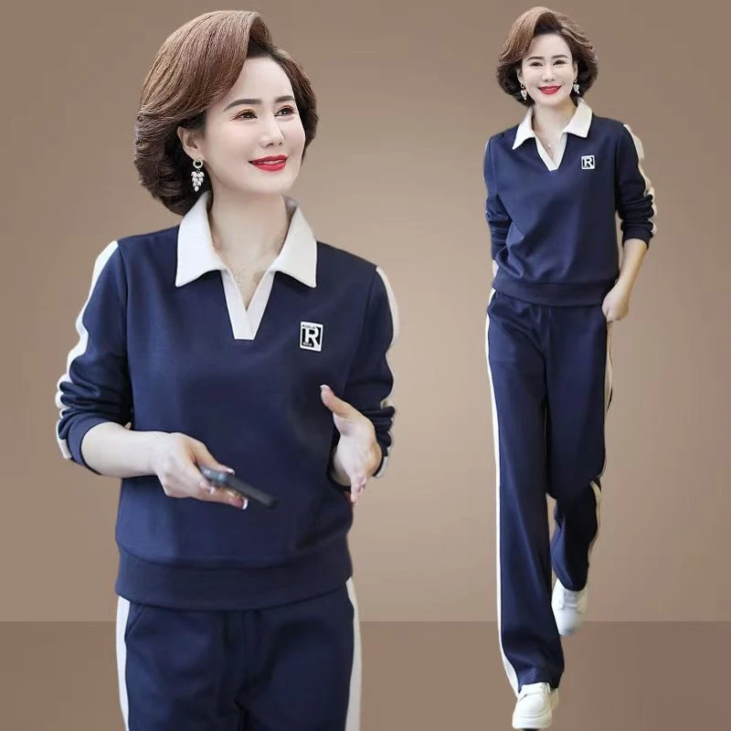 秋冬妈妈装大码季翻领POLO衫休闲运动显瘦洋气简约气质减龄两件套