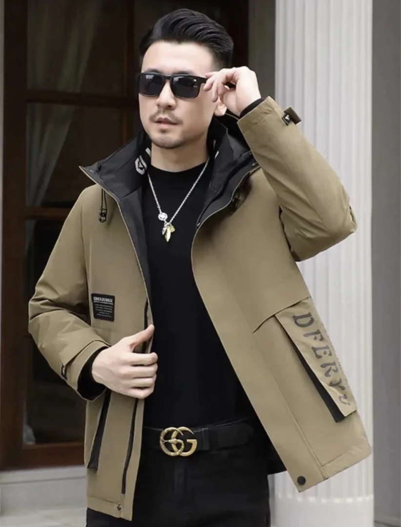 派克服男冬季时尚休闲保暖百搭兔毛内胆潮流男士连帽外套夹克