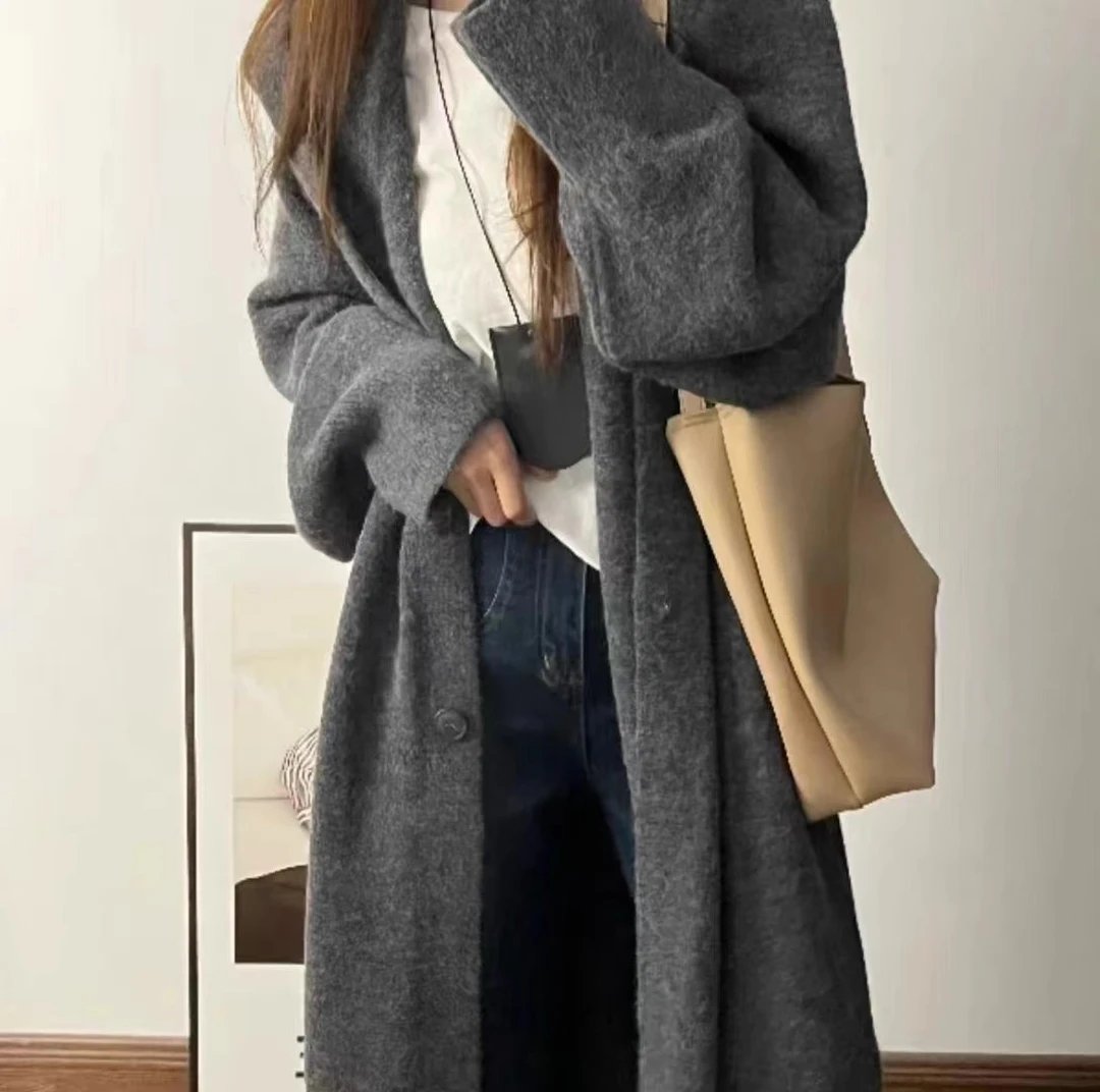 2024新款开衫长款针织衫外套大码连帽百搭宽松慵懒风韩版毛衣D666