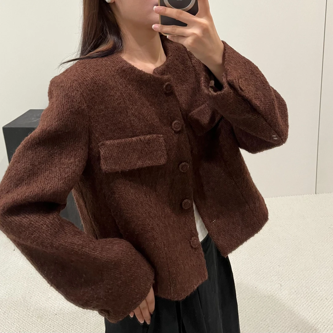 韩系安克拉红小香风毛呢外套女秋冬新款复古气质设计感百搭短上衣