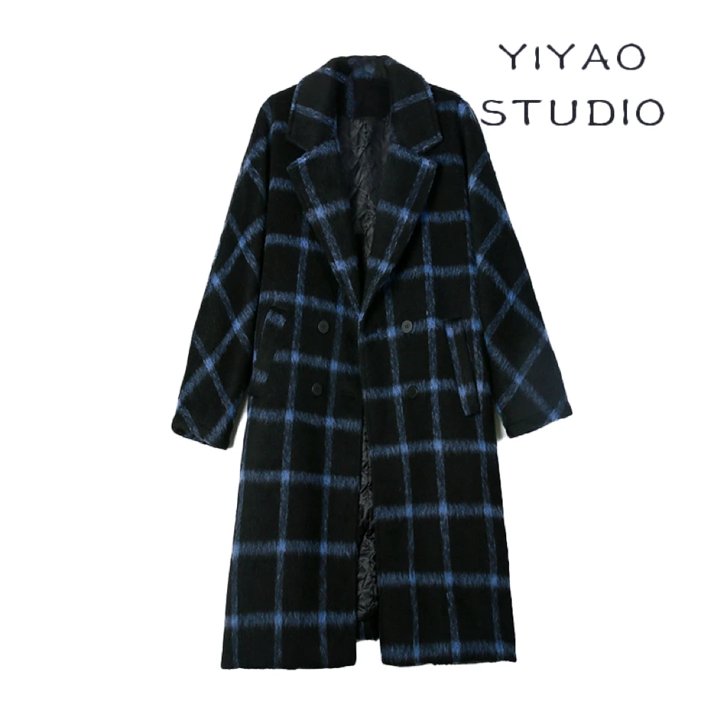 亦瑶定制  蓝色记忆 秋冬高端气质格子长款毛呢外套大衣3DWDD2307