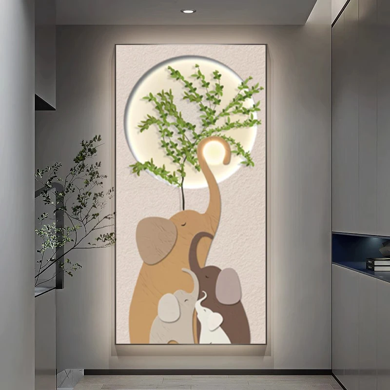 现代轻奢风大象客厅挂画高端上档次走廊尽头过道不带灯竖版晶瓷画