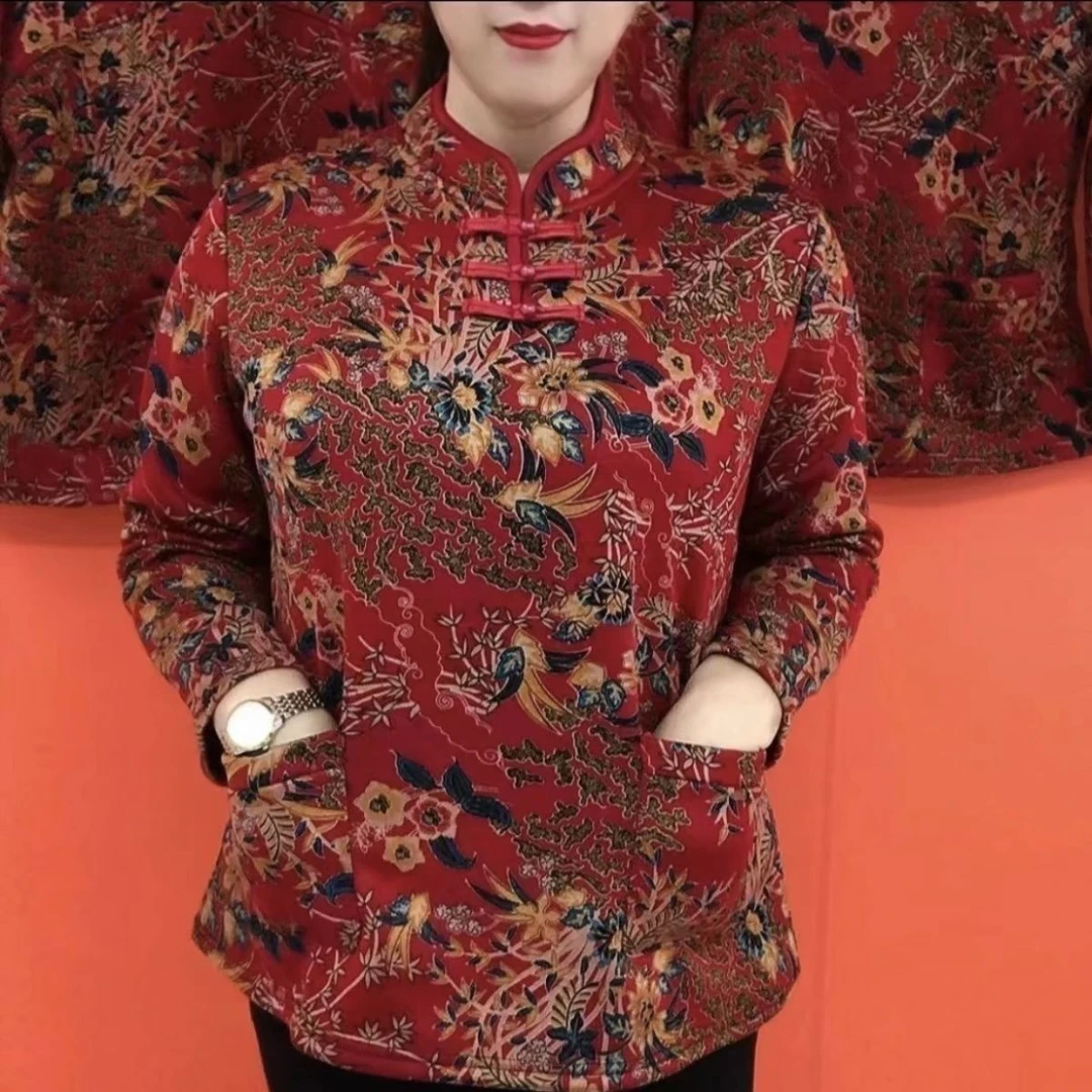 冬季新款加绒加厚盘扣洋气中老年妈妈复古妈妈装气质打底衫