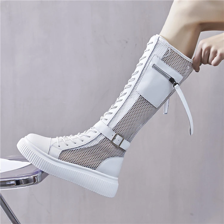 欧洲站白色长筒凉靴女夏季薄款透气网纱镂空骑士靴厚底网靴子潮鞋