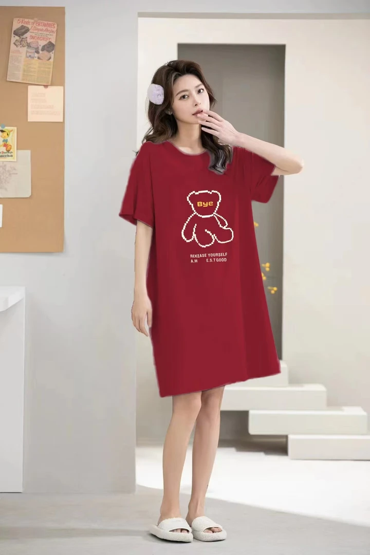 2025新年款女士爽棉酒红色短袖睡裙家居服 99999