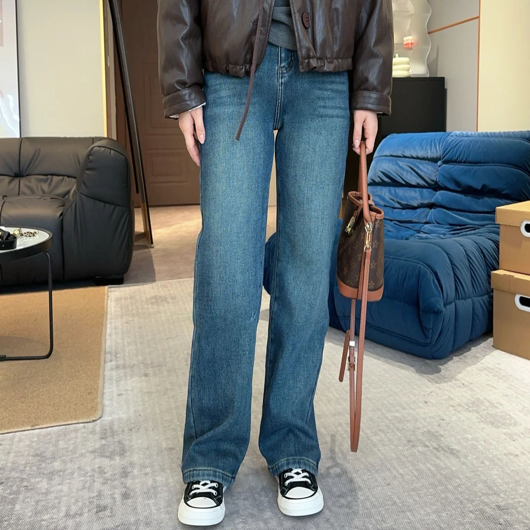 【欧加粒粒】2024秋冬小个子时尚百搭复古显瘦加绒窄版牛仔裤 W757