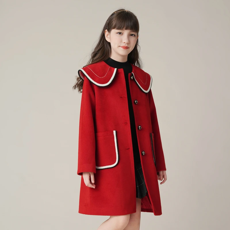 0929女童呢子大衣2023新款秋冬款大童中长款红色冬季儿童毛呢外套