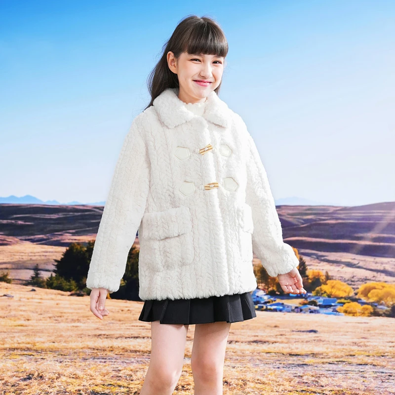 0850女童外套2023秋冬新款洋气中大童皮毛一体保暖白色短款