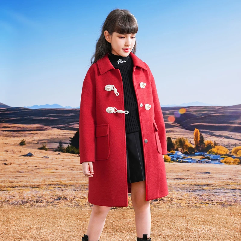 0869女童大衣外套红色夹棉毛呢大童中长款呢子童装学生10到12岁