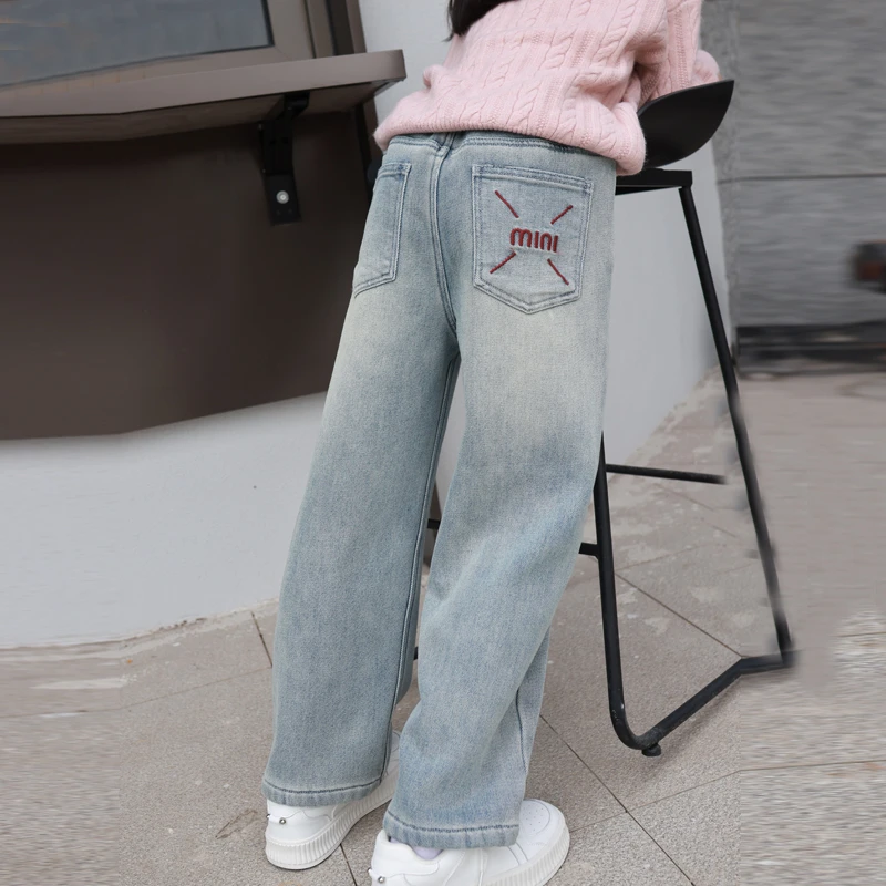 1047女童牛仔裤加绒儿童直筒休闲裤中大童秋季2024新款洋气阔腿裤