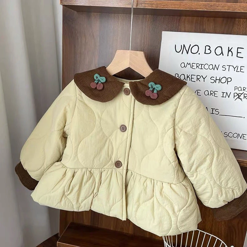 2025新品冬季厚款休闲日常穿女童宝宝樱桃娃娃领裙式棉服婴儿外套