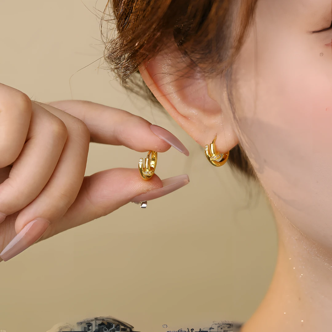925银针金色微镶锆石时尚气质小众设计轻奢高级感耳饰